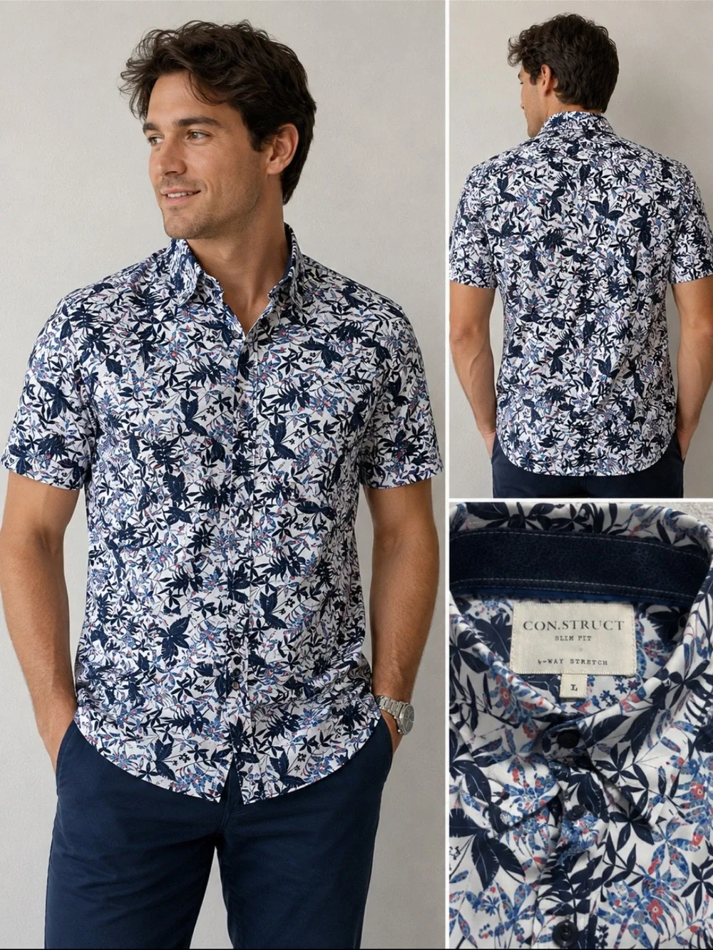CON.STRUCT Slim Fit Floral Button Up Shirt Men’s Large Stretch Short Sleeve - Picture 1 of 7